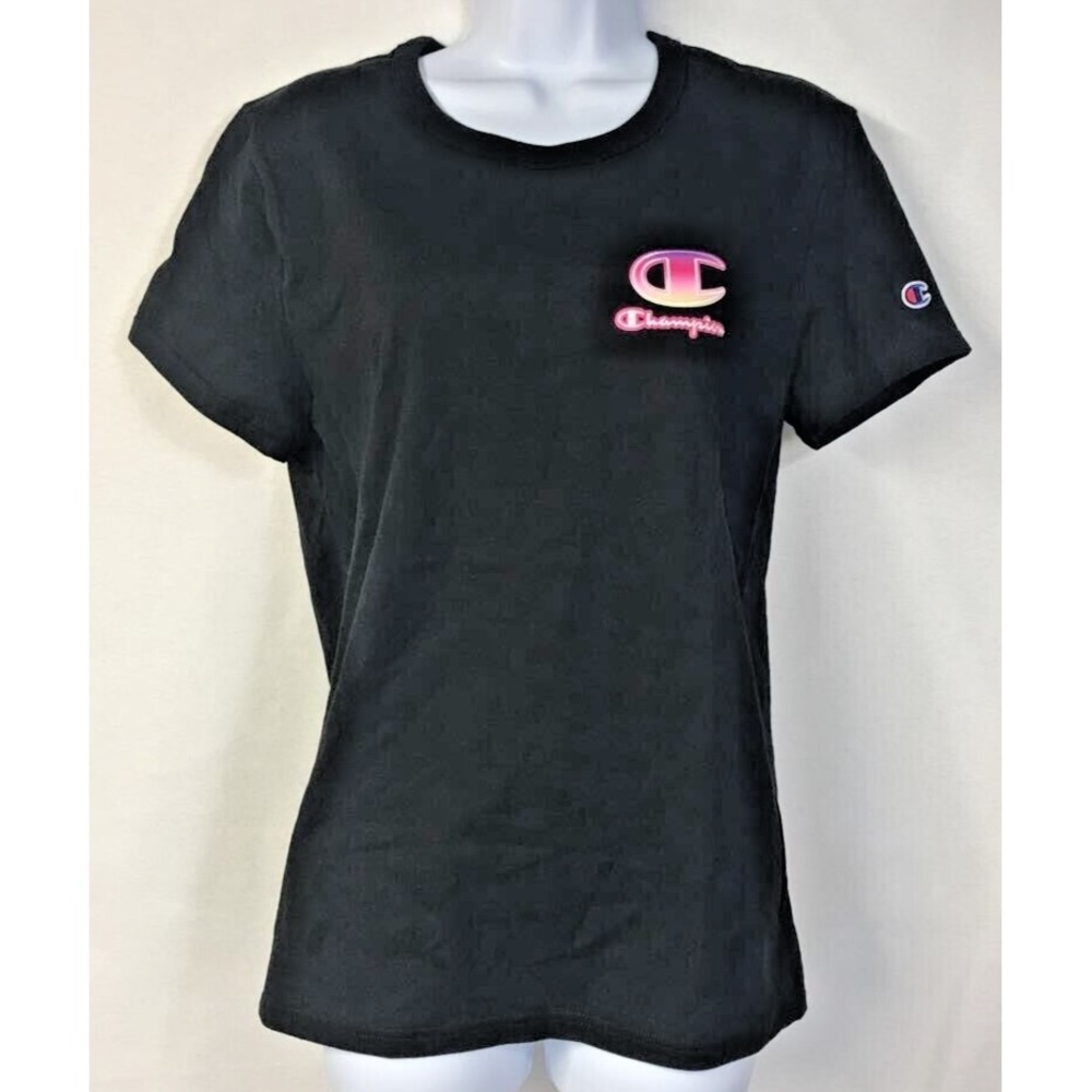 Champion Crew Neck 100% Cotton Logo Short Sleeve T-Shirt Womens Small Black/Pink